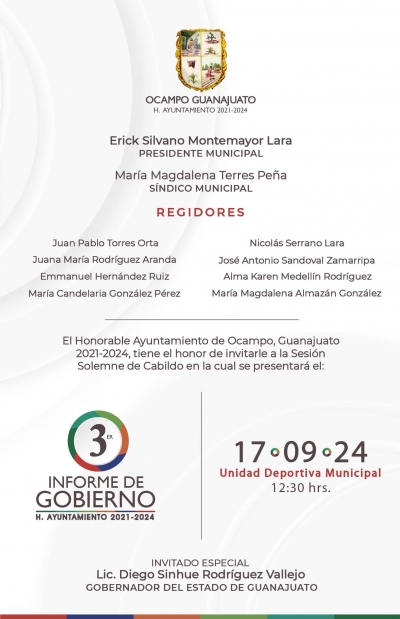 Invitacion al tercer Informe de Gobierno municipal en Ocampo