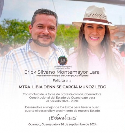 Erick Ocampo, felicita a Libia Dennise  por su toma de protesta como gobernadora.