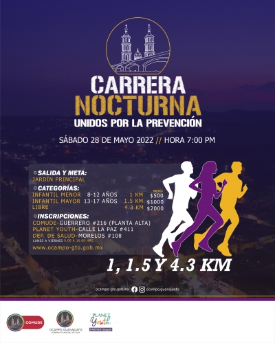 Preparan carrera atletica nocturna en Ocampo: Todos unidos por la prevención